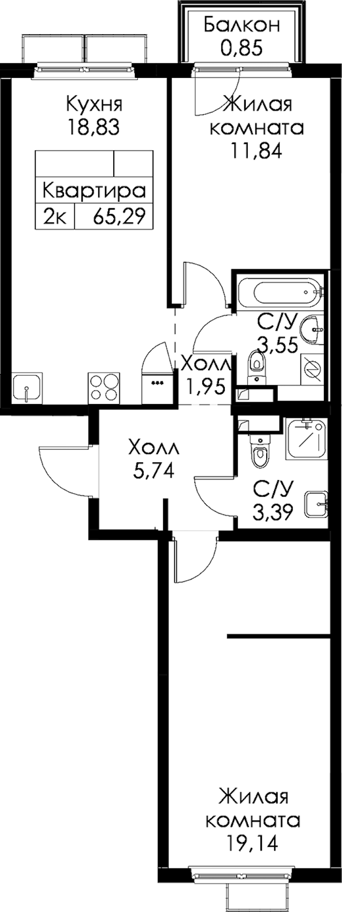 2-комнатная квартира 65.29 м², 15/15 эт., ЖК «Янинский лес»